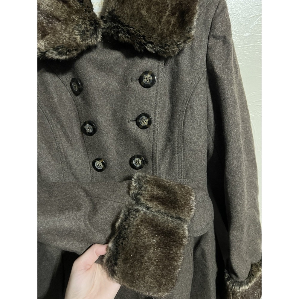 Laundry by Shelli Segal Brown Wool Blend Fit & Flare Pea Coat Faux Fur luxury 6 - Picture 4 of 9